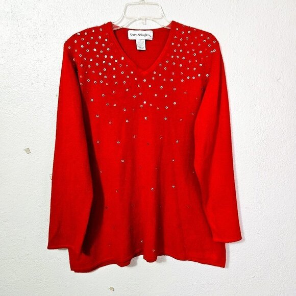 Norton McNaughton Sweaters - Vintage Norton McNaughton Woman's Red Sweater Sequined, Festive Holiday SZ XL